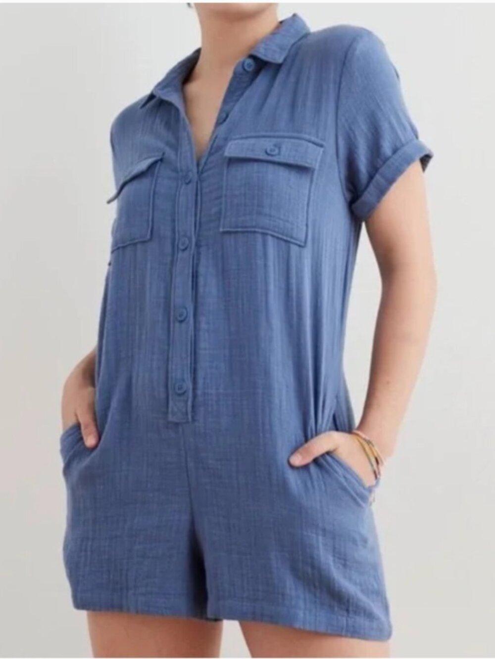 Aerie Gauze Lightweight Relaxed Fit Cozy Blue Buttoned Romper Women's size S